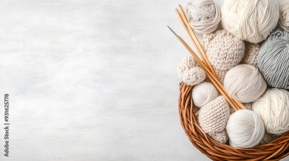 A basket filled with soft yarn and knitting needles rests beside crocheted pieces, creating a serene atmosphere of creativity and comfort A basket filled with soft yarn and knitting needles rests beside crocheted pieces, creating a serene atmosphere of creativity and comfort