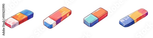 Colorful erasers arranged in a row, ideal for school or art supplies, showcasing vibrant hues and unique shapes.