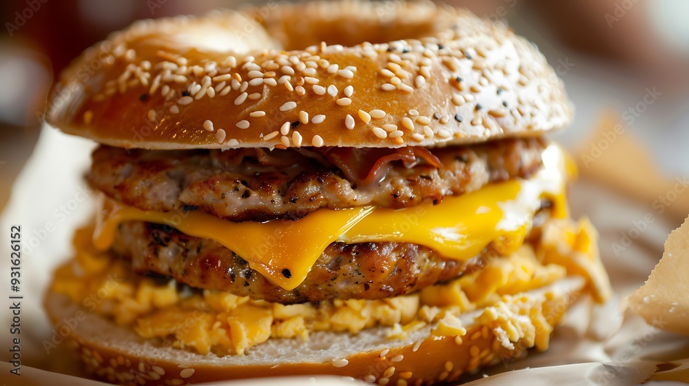 A view of a bagel sandwich featuring sausage egg and cheese A view of a bagel sandwich featuring sausage egg and cheese