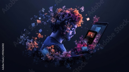 Wallpaper Mural A man is sitting in front of a laptop with a colorful background Torontodigital.ca