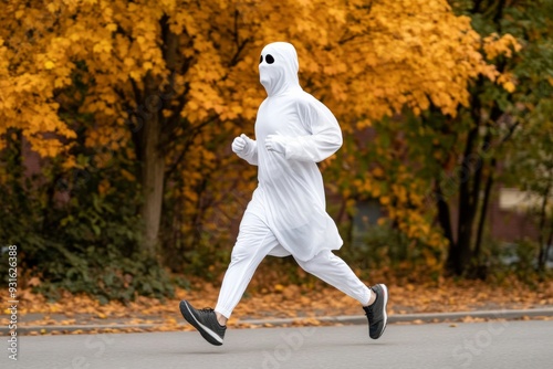 Ghost costume-clad marathoner strides energetically against a backdrop of vivid October foliage evoking the thrill of Halloween 