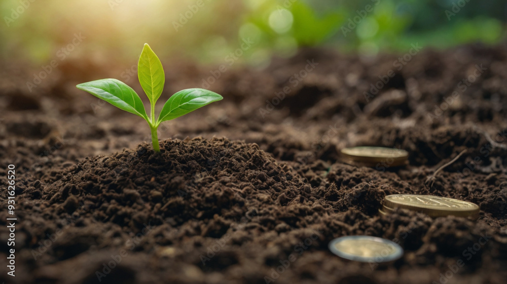 A seedling is growing on a coin lying on the ground. Green investment concept ,Rising money to invest. financial growth concept A seedling is growing on a coin lying on the ground. Green investment concept ,Rising money to invest. financial growth concept