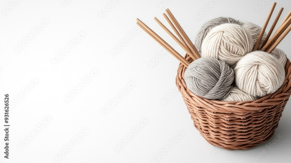 A basket filled with soft yarn and knitting needles rests beside crocheted pieces, creating a serene atmosphere of creativity and comfort A basket filled with soft yarn and knitting needles rests beside crocheted pieces, creating a serene atmosphere of creativity and comfort