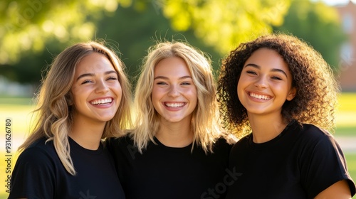 Group of diverse sorority sisters laughing together on a sunlit campus lawn, wearing matching shirts with Greek letters, enjoying friendship and unity on a beautiful day  photo