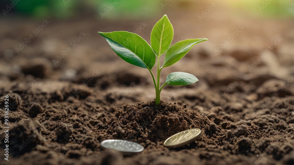 A seedling is growing on a coin lying on the ground. Green investment concept ,Rising money to invest. financial growth concept A seedling is growing on a coin lying on the ground. Green investment concept ,Rising money to invest. financial growth concept
