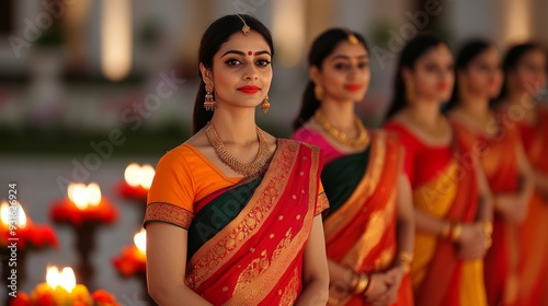 Gujarati women dressed in traditional sarees performing aarti in a vibrant courtyard adorned with lanterns, flowers, and diya lamps during Labh Pancham  photo