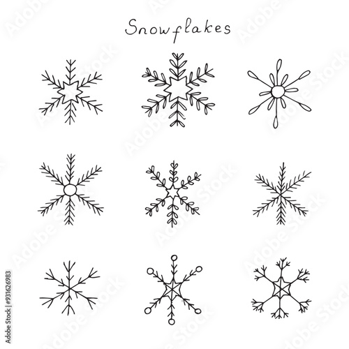 Snowflake set, vector illustration hand-drawn doodles