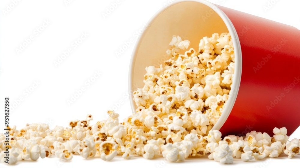 isolated on a white background, a popcorn bucket with a large hole in the bottom, popcorn leaking out, chaotic and messy, yellow popcorn and red bucket isolated on a white background, a popcorn bucket with a large hole in the bottom, popcorn leaking out, chaotic and messy, yellow popcorn and red bucket