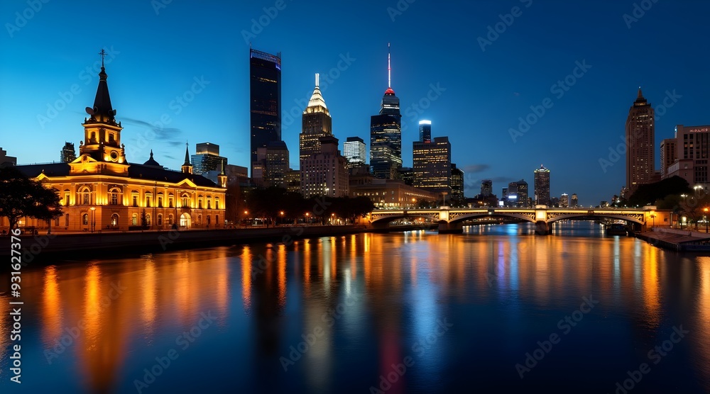 Fototapeta premium Melbourne Skyline at Dusk with Reflections on Yarra River