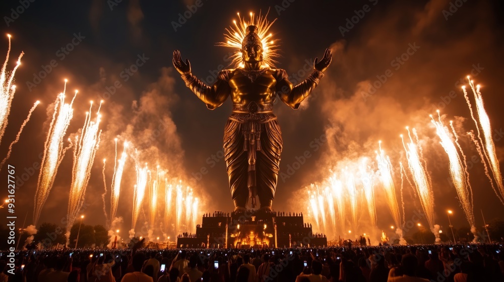 Obraz premium Majestic effigy of Ravana towering above a large crowd, lit up against the evening sky with fireworks bursting in celebration of Dussehra's victory of good over evil