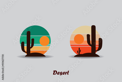 Set of Desert abstract logo, striped desert abstract logo with retro theme, 80s style sunset, tourism, summer and adventure concept.