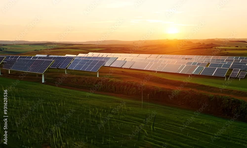 Ecology solar power station panels in the fields green energy at sunset landscape electrical innovation nature environment slow motion