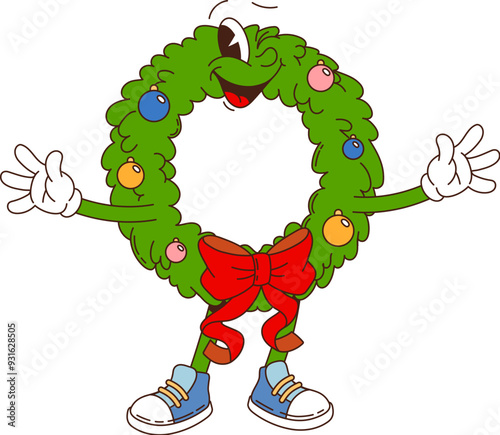 Retro groovy Christmas wreath character, adorned with ornaments and red bow. Isolated cartoon vector joyful xmas wreath personage with smiling winking face, festive holiday decoration in hippie style