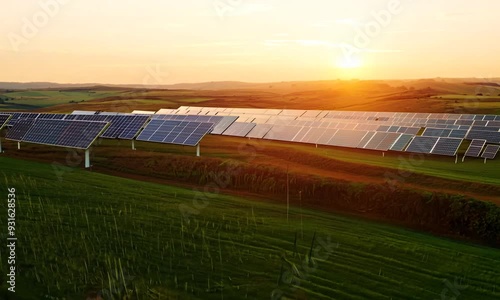 Ecology solar power station panels in the fields green energy at sunset landscape electrical innovation nature environment slow motion photo