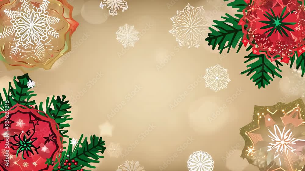 Christmas background frame with fir branches, red flowers and snowflakes on beige background Christmas background frame with fir branches, red flowers and snowflakes on beige background