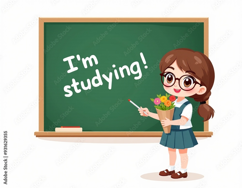 Education Concept: Smiling Russian Schoolgirl with Books and Flowers, Vector Illustration 