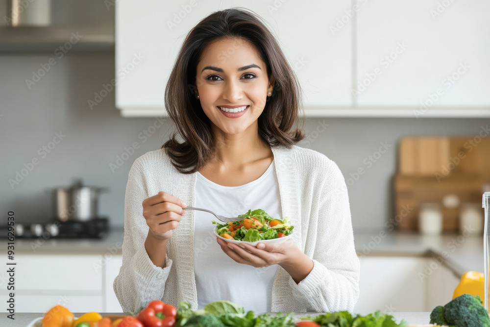 attractive indian woman standing and eating salad at the kitchen counter attractive indian woman standing and eating salad at the kitchen counter