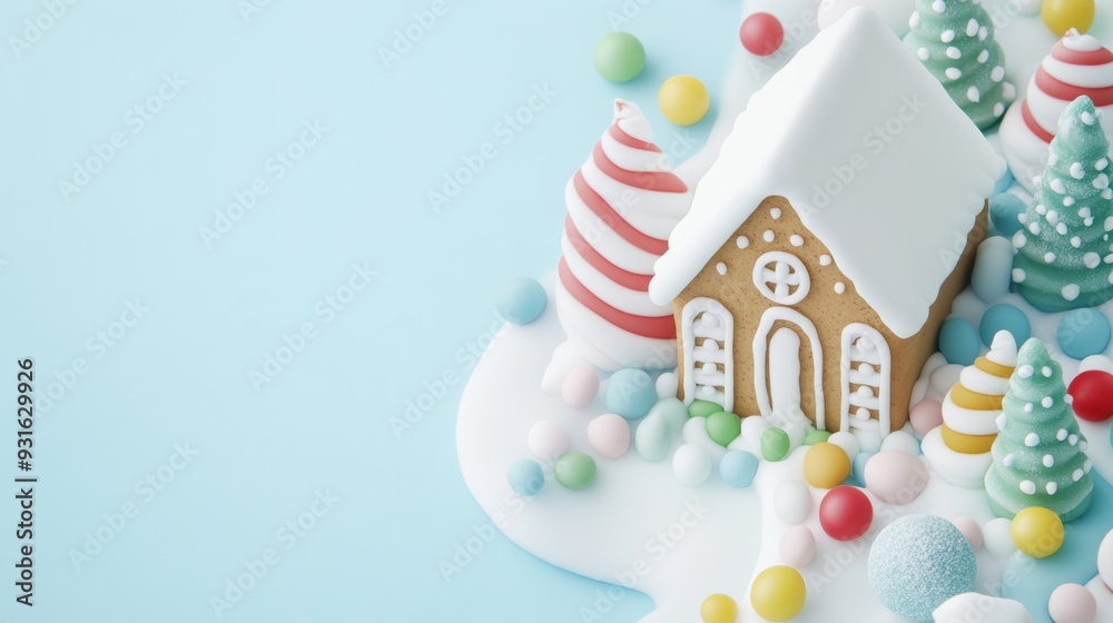 Top-down view of a gingerbread house with a snow-covered candy garden, all details in white and pastel colors, set against a soft blue-to-white gradient background Top-down view of a gingerbread house with a snow-covered candy garden, all details in white and pastel colors, set against a soft blue-to-white gradient background