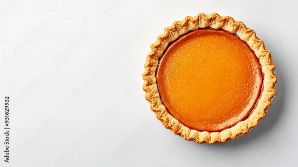 Top-down view of a perfectly baked pumpkin pie with golden crust and smooth filling on a white background vibrant orange and warm brown tones Top-down view of a perfectly baked pumpkin pie with golden crust and smooth filling on a white background vibrant orange and warm brown tones