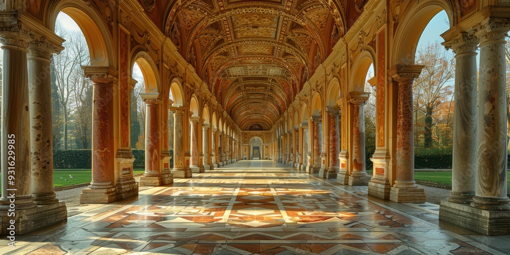 Obraz premium Magnificently ornate and historical building with intricately designed columns, an arched hallway, and stunning sunlight filling the space on a peaceful, clear day