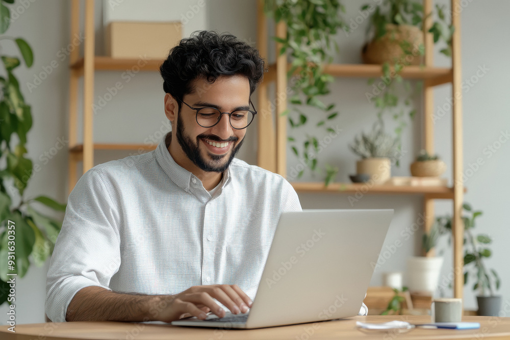 Handsome young Indian Hispanic businessman using computer working remotely from modern home office Handsome young Indian Hispanic businessman using computer working remotely from modern home office