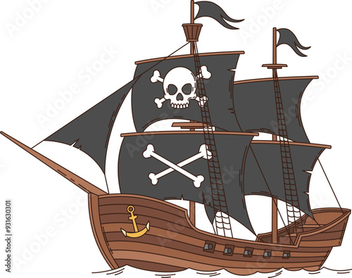 Cartoon groovy pirate and corsair sailing ship. Isolated vector old sea frigate with black sails, jolly roger skull, flag and wooden hull. Buccaneer brigantine on ocean waves, ready for adventure