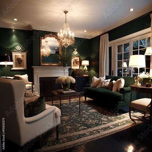 Beautifully transformed living room exuding warmth and elegance, rich deep dark green walls, freshly painted white ceiling reflecting light, rejuvenated fireplace with luxurious deep green accent wall