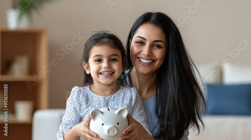 mom putting coin in piggy bank with cute little daughter