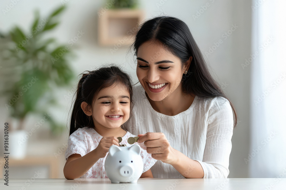 mom putting coin in piggy bank with cute little daughter
