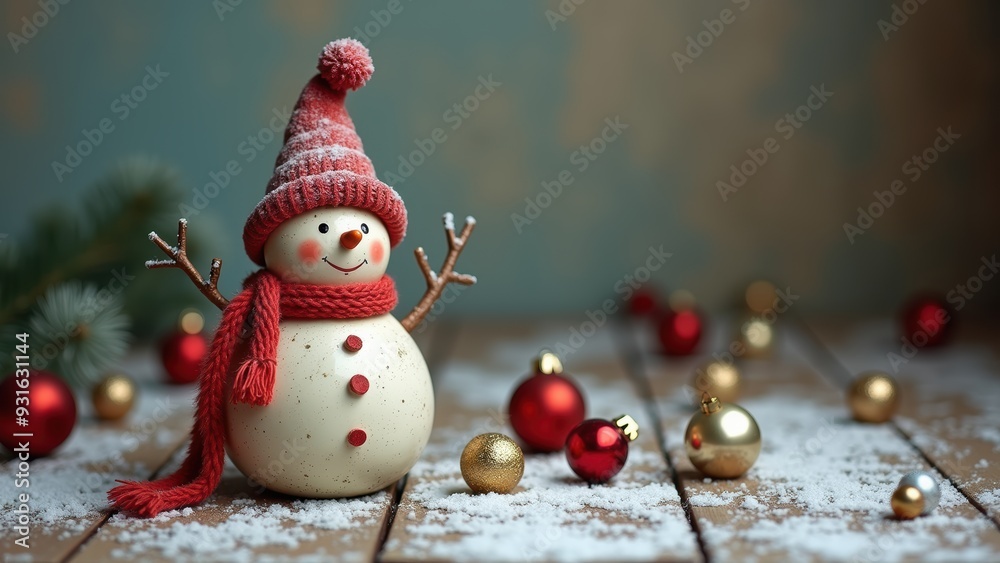 Obraz premium Vintage Winter Wonderland: A Retro Snowman with Faded Red Accessories Surrounded by Classic Ornaments