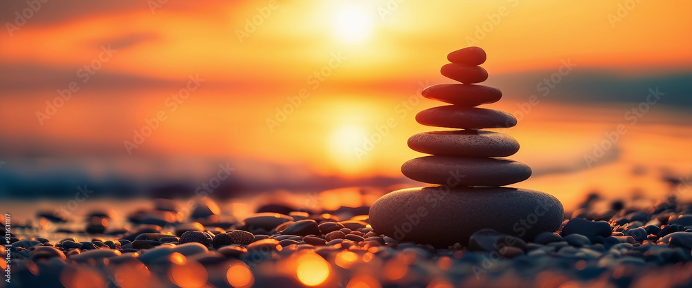 Obraz premium A serene stack of balanced stones on a calm beach, symbolizing peace and mindfulness