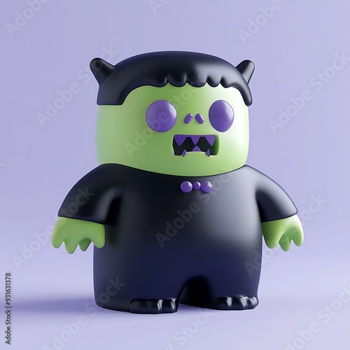 3D rendering of a cute cartoon Frankenstein figurine on a purple background, perfect for Halloween themed projects. Halloween Art Toy Character Design. photo