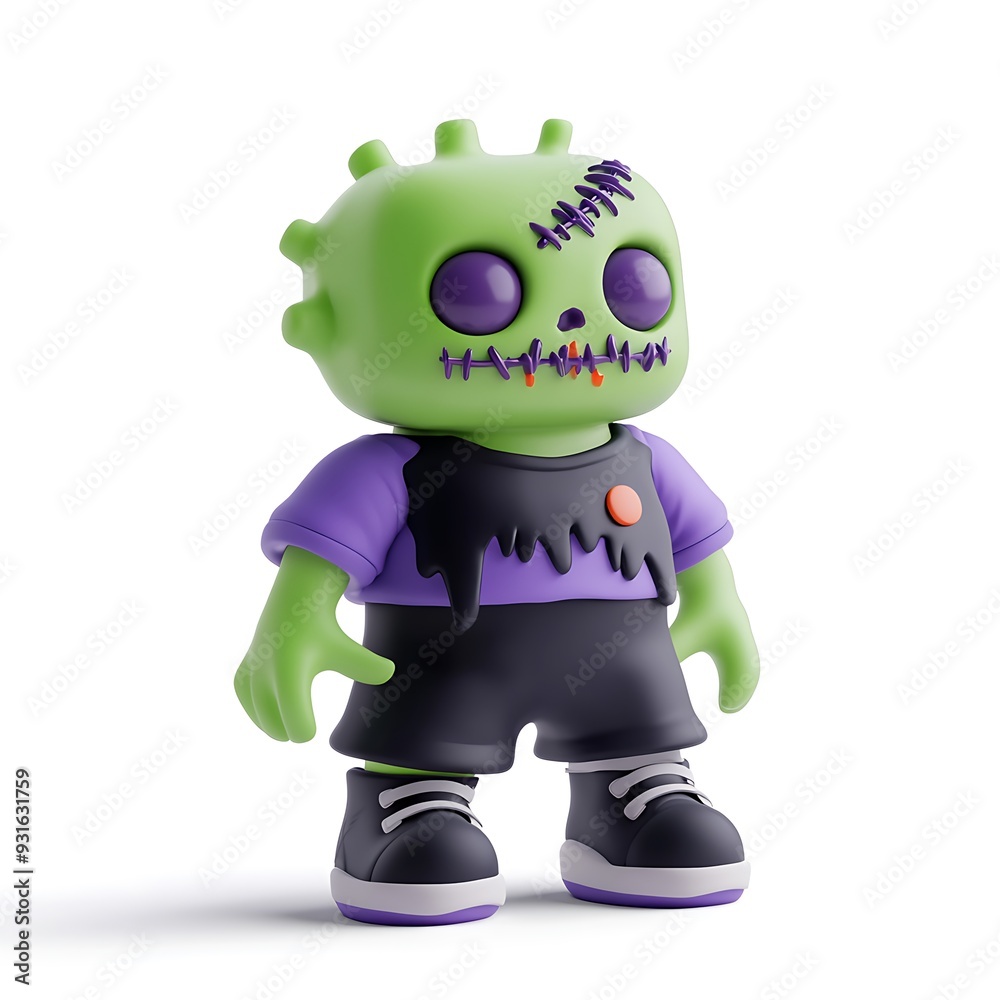A cute green cartoon figurine with a zombie-like appearance, wearing a purple shirt and black pants, perfect for Halloween decorations. Halloween Art Toy Character Design. A cute green cartoon figurine with a zombie-like appearance, wearing a purple shirt and black pants, perfect for Halloween decorations. Halloween Art Toy Character Design.