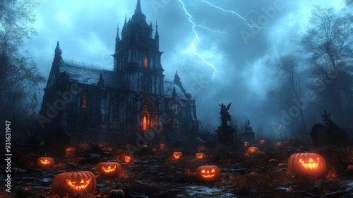 Gothic cathedral with jack-o'-lanterns and lightning