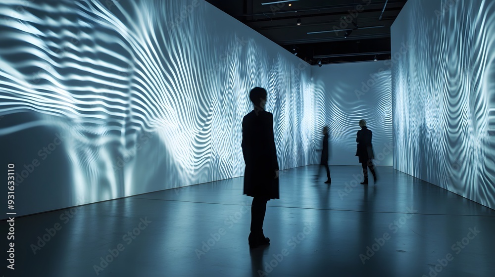 A high-tech interactive art installation with touch-sensitive walls that produce a symphony of light and sound as visitors interact, located in a sleek, modern exhibition hall with minimalistic A high-tech interactive art installation with touch-sensitive walls that produce a symphony of light and sound as visitors interact, located in a sleek, modern exhibition hall with minimalistic