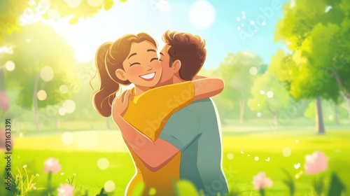 A cheerful cartoon woman joyfully hugging a cartoon man from behind in a bright sunny park highlighting love and togetherness