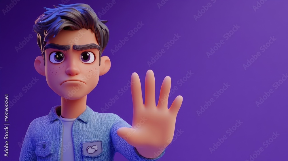 3D cartoon young man with a serious expression looking stern and displeased making a stop gesture with an open palm against a purple backdrop