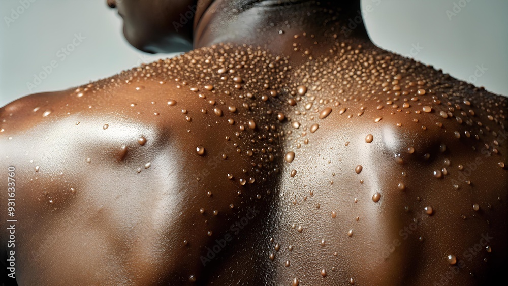 African smallpox - the back of a person with dark skin. The skin is glistening with water droplets, suggesting that the person might be sweating or has just come out of water African smallpox - the back of a person with dark skin. The skin is glistening with water droplets, suggesting that the person might be sweating or has just come out of water