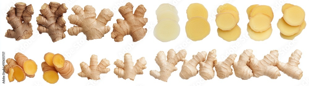 Ginger Root in Various Forms: Whole, Sliced, and Peeled Ginger Root in Various Forms: Whole, Sliced, and Peeled