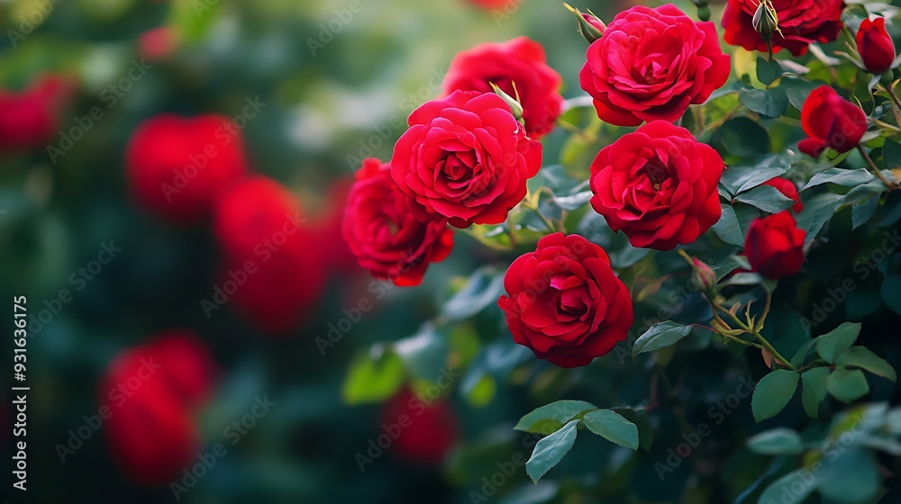 Close-up of vibrant red roses in full bloom, showcasing their delicate petals and lush green foliage. Close-up of vibrant red roses in full bloom, showcasing their delicate petals and lush green foliage.
