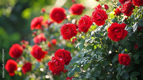 Fototapeta Naklejka Na Ścianę i Meble -  Close-up of vibrant red roses in full bloom on a green bush, bathed in sunlight.