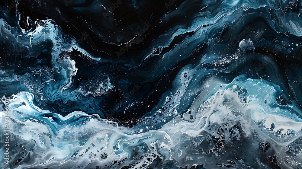 Abstract background of ocean waves with interweaving of various turquoise shades like neavy blue, black and white, aerial view, abstract landscape Abstract background of ocean waves with interweaving of various turquoise shades like neavy blue, black and white, aerial view, abstract landscape