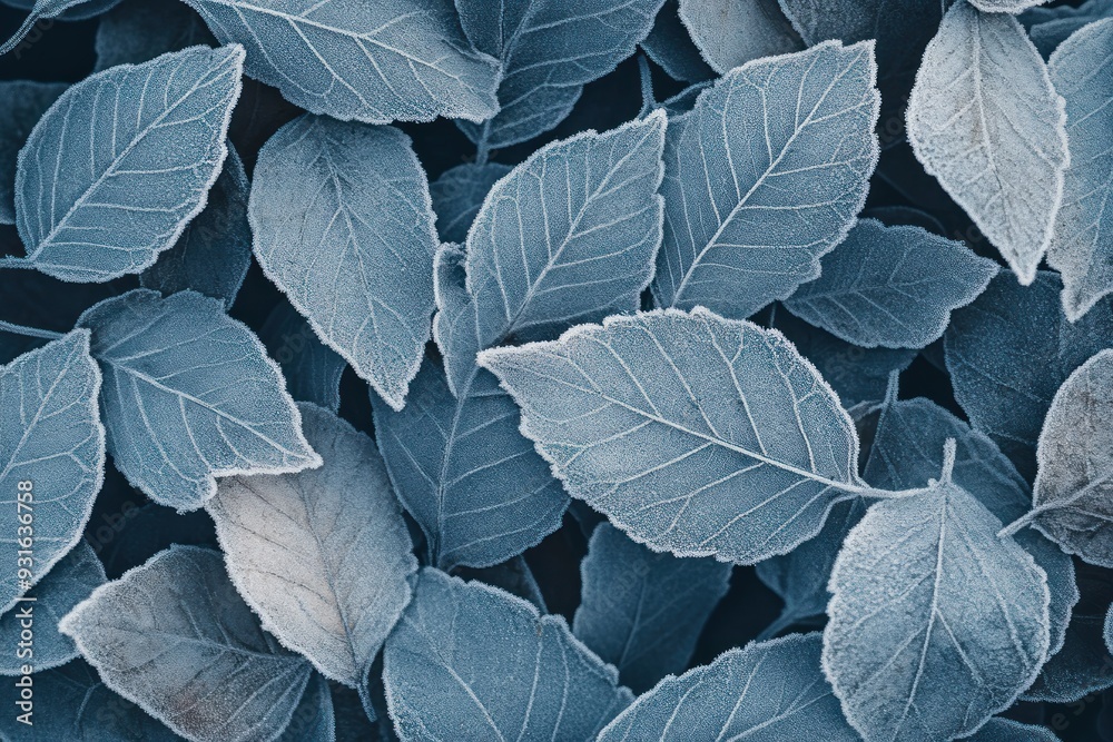 Fototapeta premium Close-up of Frosted Leaves in a Cool Blue Hue