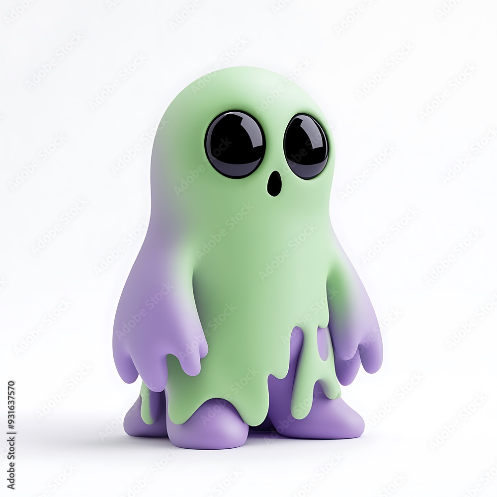Cute cartoon alien with big eyes in purple and green colors, perfect for Halloween or fun designs. Halloween Art Toy Character Design.