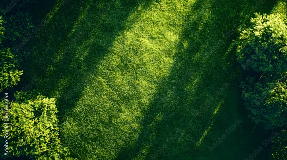 Aerial view of vibrant green lawn, lush grass blades, perfectly manicured turf, high-definition close-up, sunlit fresh grass, rich emerald color, dense carpet-like texture. Aerial view of vibrant green lawn, lush grass blades, perfectly manicured turf, high-definition close-up, sunlit fresh grass, rich emerald color, dense carpet-like texture.