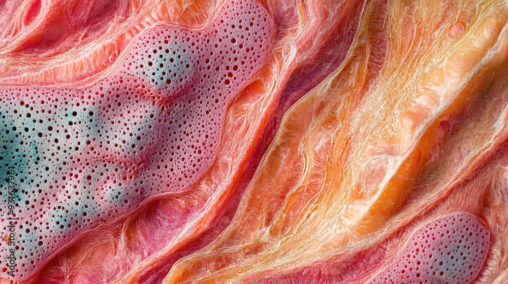 The cross section of muscle tissue reveals vibrant colors and detailed ...