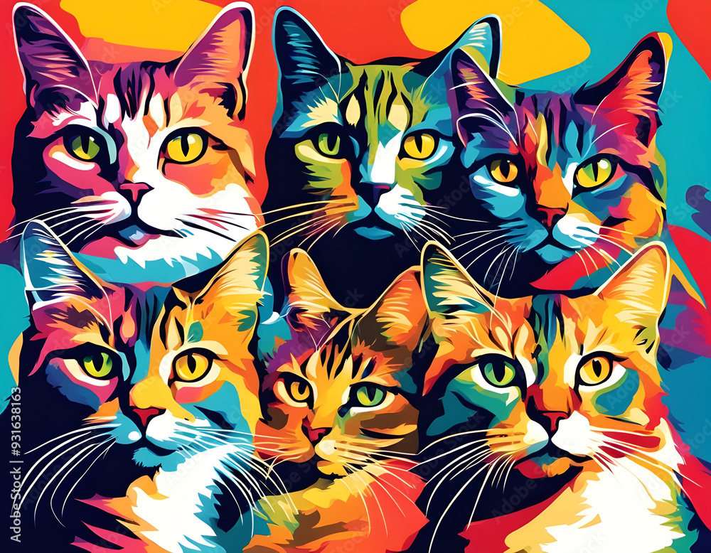 colorful cat head with cool isolated pop art style background