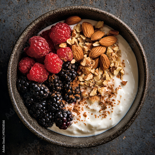A bowl in which 1 cup of Greek yogurt, 1/4 cup of mixed berries and 1/4 cup of chopped nuts including almonds and walnuts are mixed together and sprinkled with some cinnamon