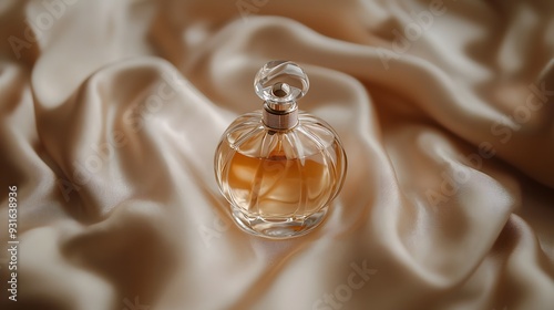 Elegant Glass Perfume Bottle with Golden Liquid and Soft Fabric Background
