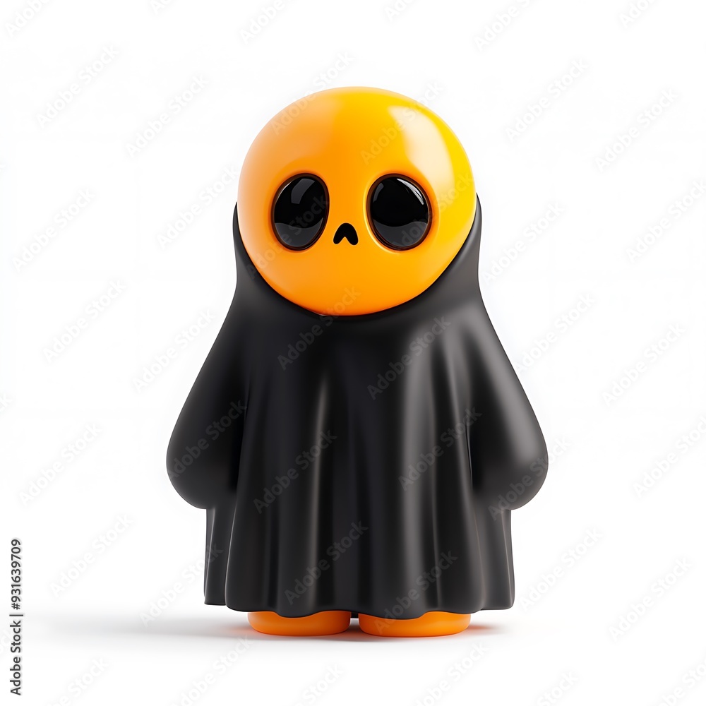 Cute ghost-like figurine with a yellow head and black cloak. Perfect for Halloween, decorations, and spooky-themed projects. Halloween Art Toy Character Design. Cute ghost-like figurine with a yellow head and black cloak. Perfect for Halloween, decorations, and spooky-themed projects. Halloween Art Toy Character Design.